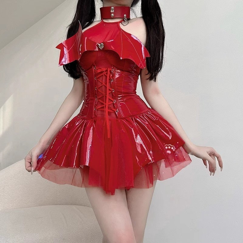 Shiny Devil Cosplay Costume – Patent Leather Lace-Up Mini Dress, Succubus Outfit for Halloween or Christmas