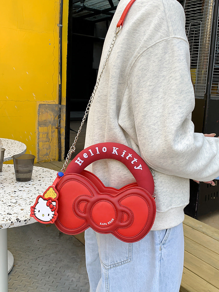 Super Popular Sweet Little Cat Girl Heart Handbag Korean Style Trendy Single Shoulder Crossbody Bag Cute Bowknot Shaped Bag