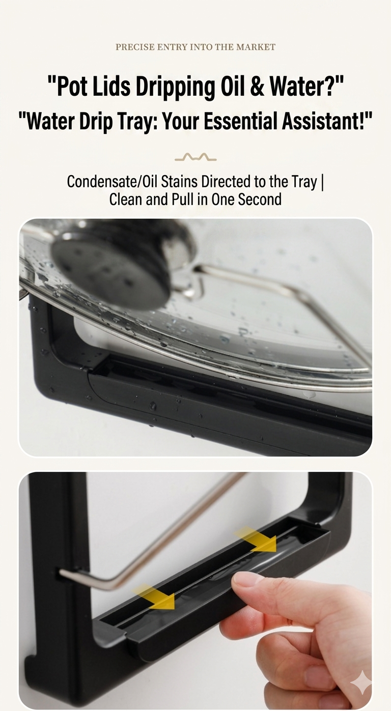 Water drip tray for condensate and oil stains on a pot lid, with text highlighting its features.