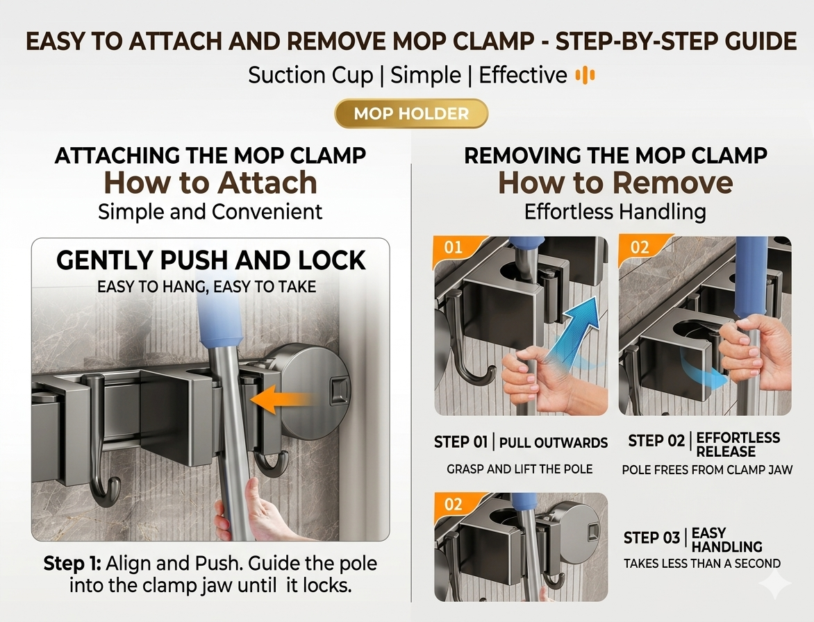 Step-by-step guide on how to attach and remove a mop clamp with images and text instructions.