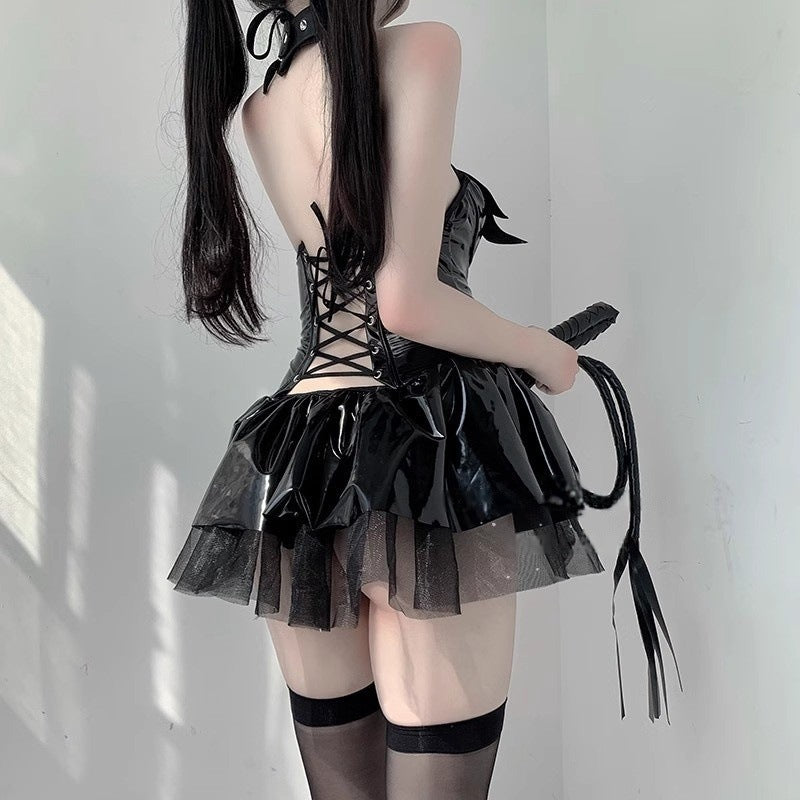 Shiny Devil Cosplay Costume – Patent Leather Lace-Up Mini Dress, Succubus Outfit for Halloween or Christmas