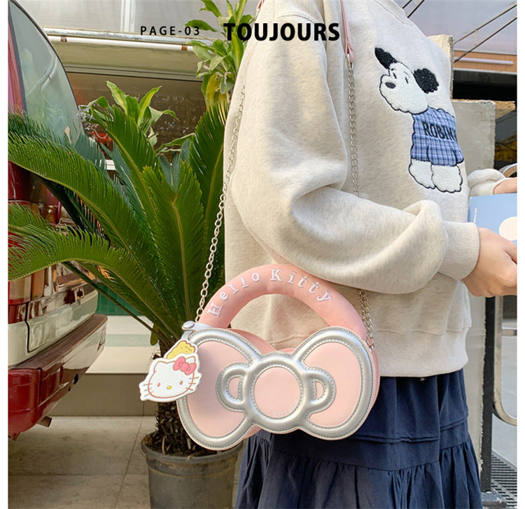 Super Popular Sweet Little Cat Girl Heart Handbag Korean Style Trendy Single Shoulder Crossbody Bag Cute Bowknot Shaped Bag