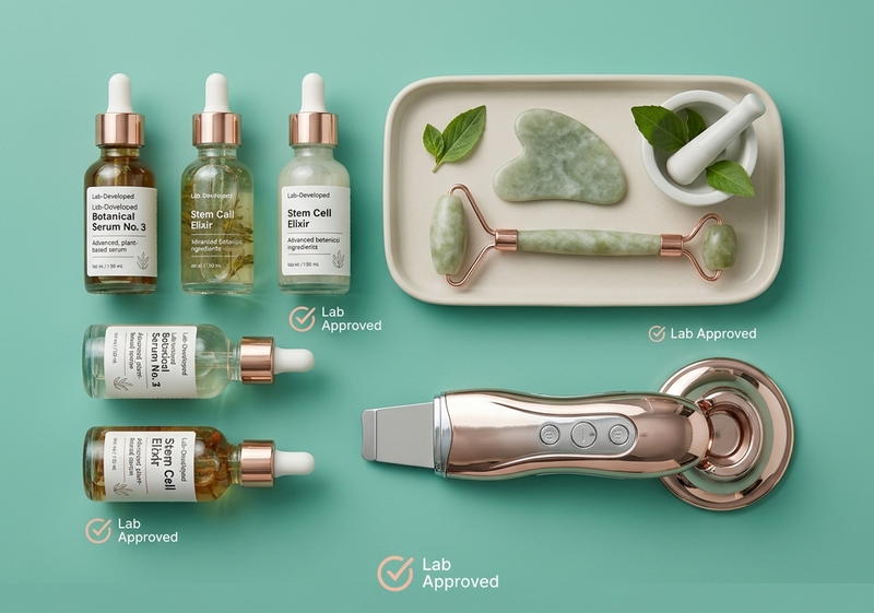 Collection of skincare products and tools on a teal background with 'The Skin Care Lab' branding.