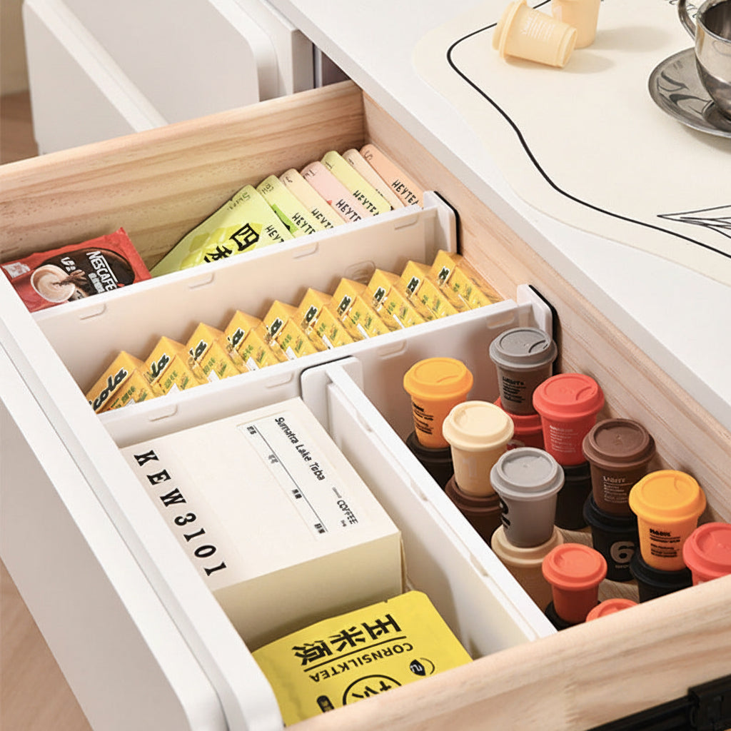 Open drawer with organized compartments containing tea packages and containers.